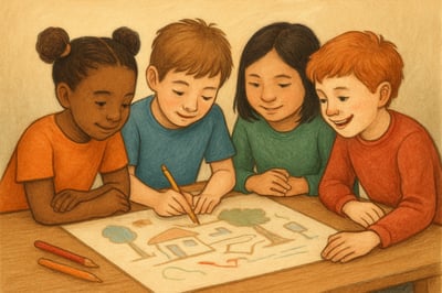 Kinder, die gemeinsam an einem Projekt arbeiten – Symbol für Gemeinschaft und Engagement Kinder, die gemeinsam an einem Projekt arbeiten – Symbol für Gemeinschaft und Engagement