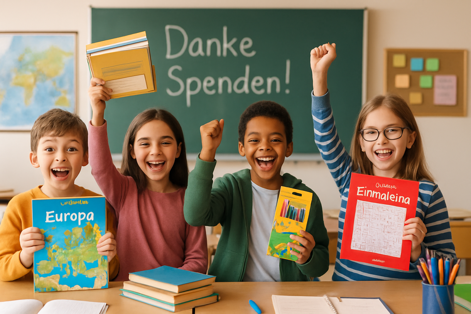 Schülerinnen und Schüler freuen sich über neue Lernmaterialien, die durch Spenden finanziert wurden.
